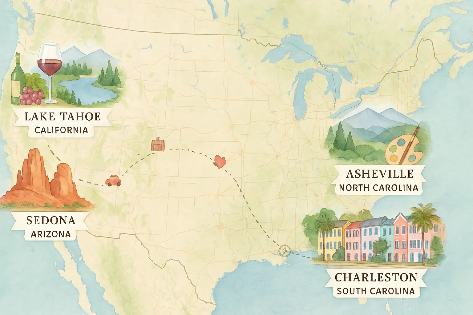 Map showing top weekend getaways in USA